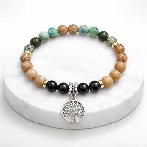 Natural Picture Jasper Phoenix Stone Onyx Tree of Life Charm Bracelet 8mm Beads